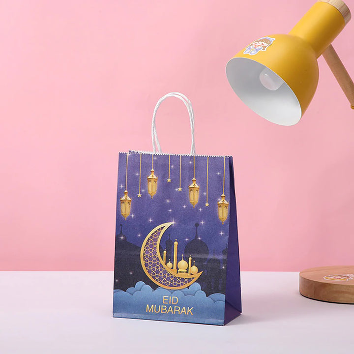 Eid Mubarak Kraft Paper Bag - Blue & Gold Hanging Lanterns Moon & Star