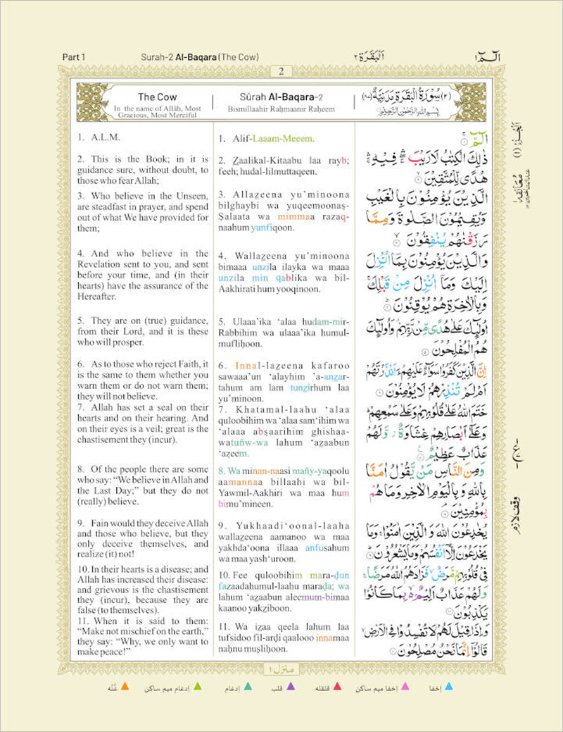 The Holy Quran Color Coded Arabic Text and Transliteration with English translation by Abdullah Yusuf Ali| Roman English (HB)