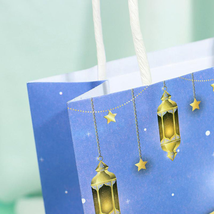 Eid Mubarak Kraft Paper Bag - Blue & Gold Hanging Lanterns Moon & Star