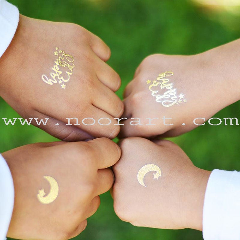 Gold Flash Tattoos ("Happy Eid", Crescent & Star, and "I'm fasting”)
