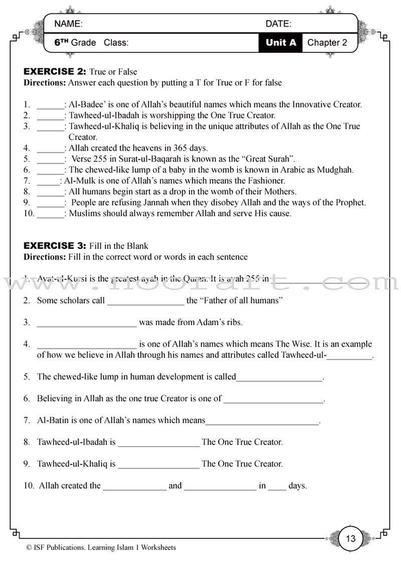 Learning Islam Worksheets: Level 1 (6th Grade)